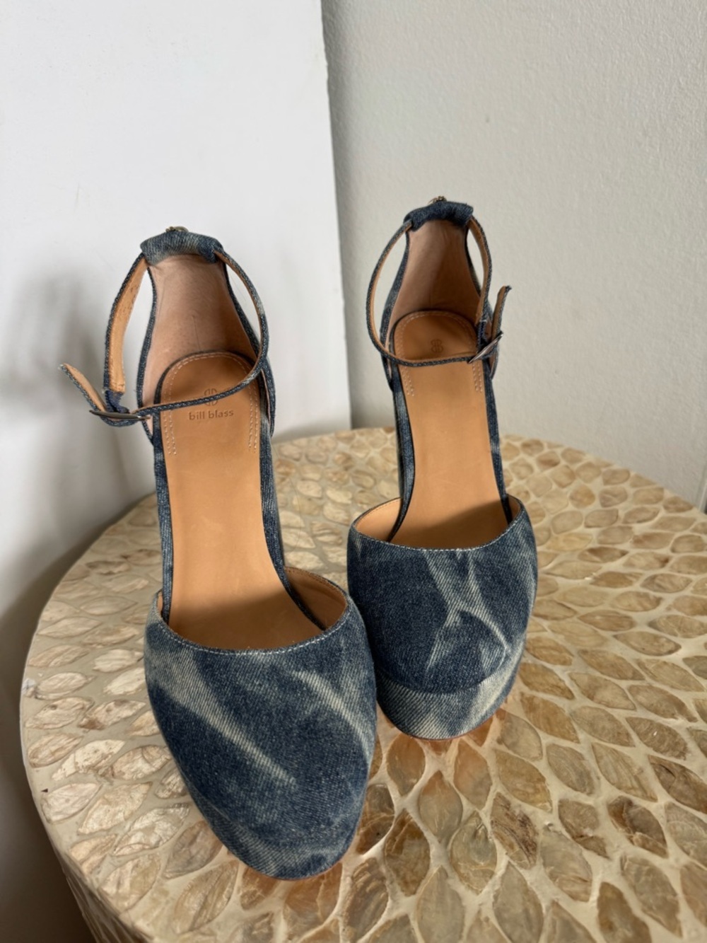 Bill Blass Blue Ellie Bleached Denim Tie-Dye Platform Ankle-Strap Heels - Picture 8 of 15